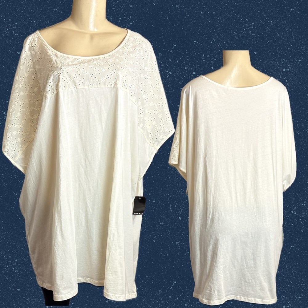 Torrid +5 Cream Cotton Floral Eyelet Inset Dolman Short Sleeve Relaxed Tunic Tee